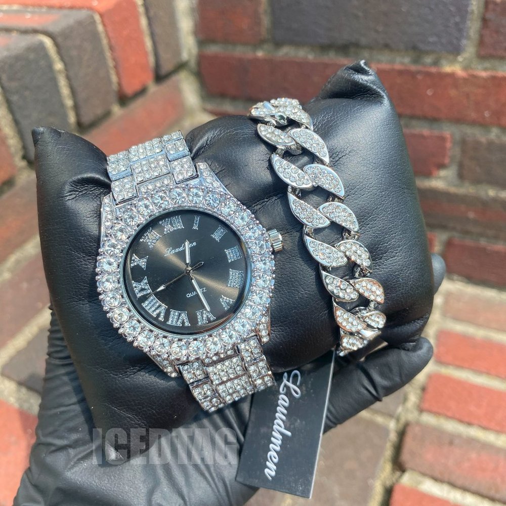 White Gold Plated Black Dial Men Luxury Watch, Full Iced Bling Bracelet Gift Set